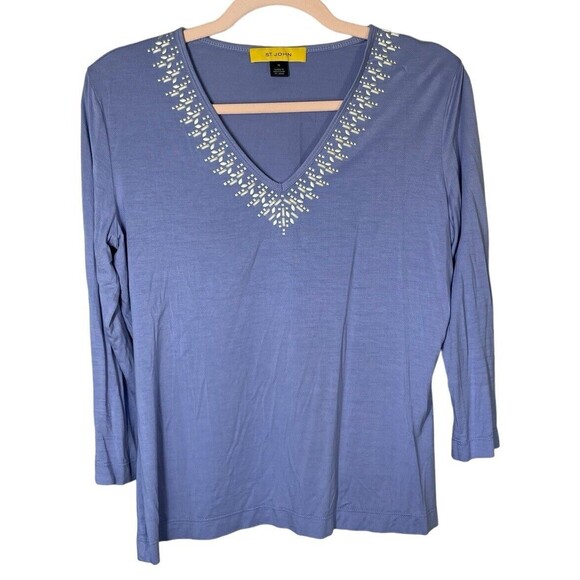 St. John Women’s Lilac V-neck Embellished 3/4 Sleeve Jersey Tee Shirt Blouse Med - Picture 1 of 10